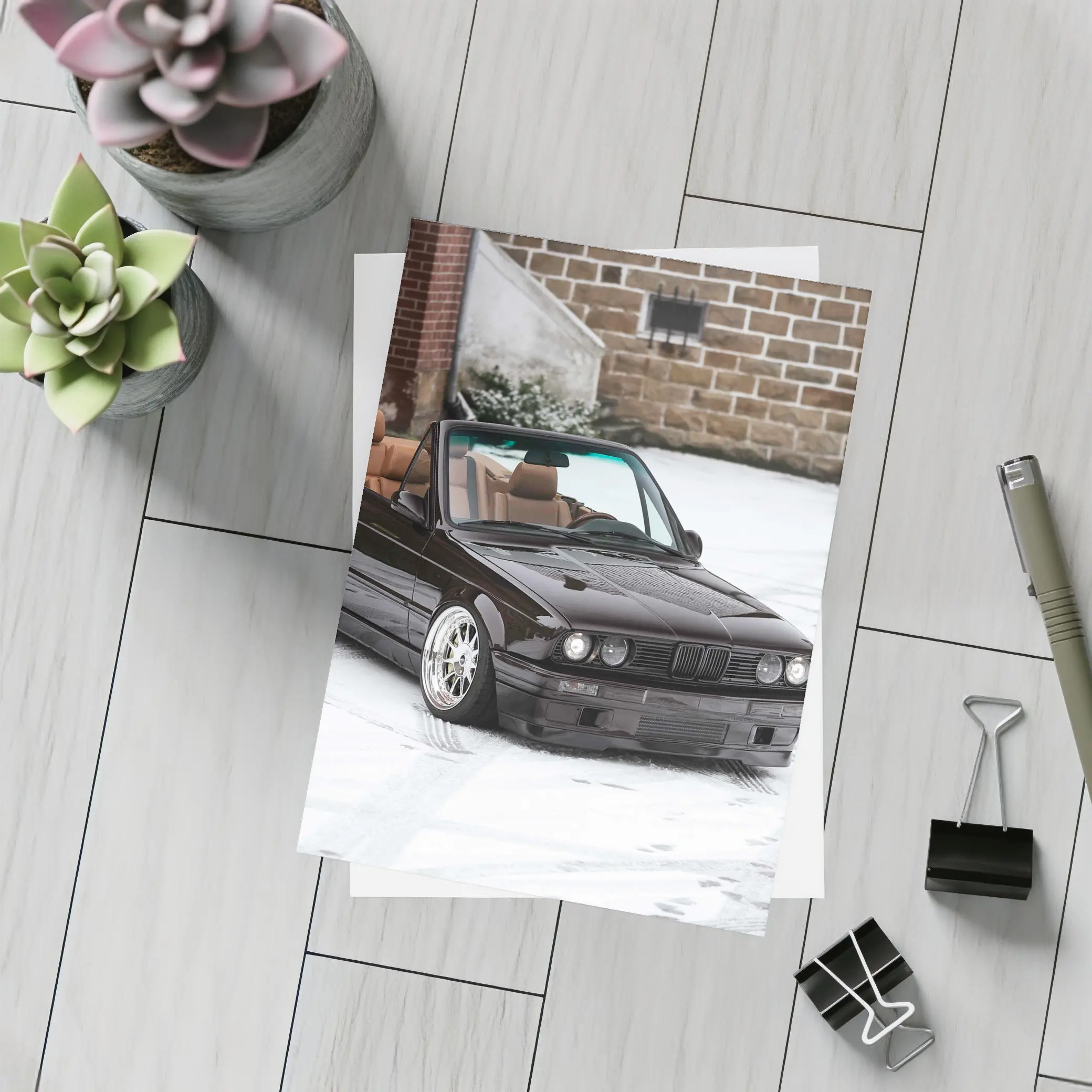 BMW E30 Cabriolet Slammed Snow Winter – Postcards