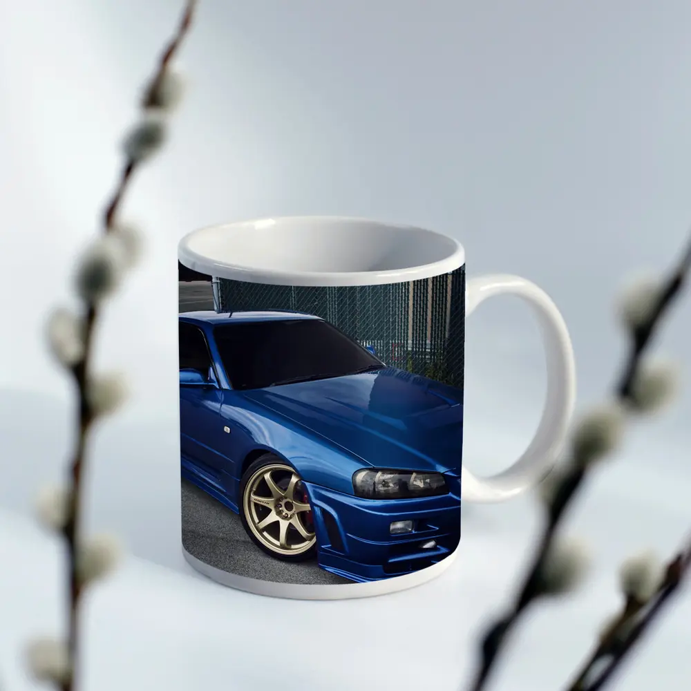 Nissan Skyline GT R R34 Blue Parking Lot – Mugs