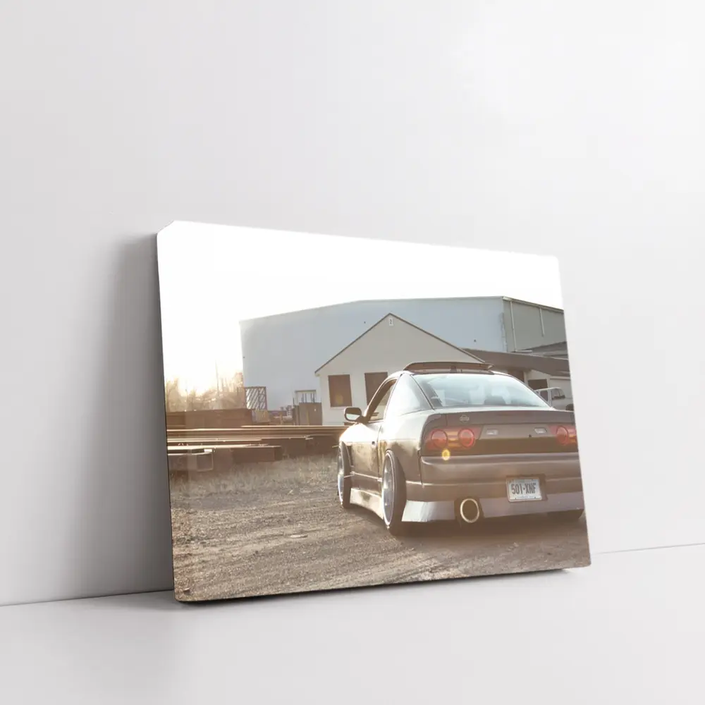 Nissan 240SX S13 Black Coupe in Industrial Yard at Sunset – Wall Art