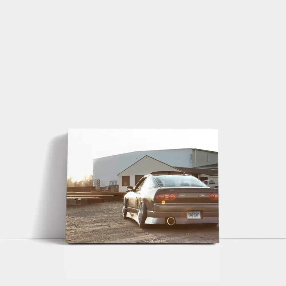 Nissan 240SX S13 Black Coupe in Industrial Yard at Sunset – Wall Art