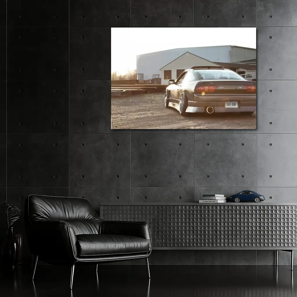 Nissan 240SX S13 Black Coupe in Industrial Yard at Sunset – Wall Art