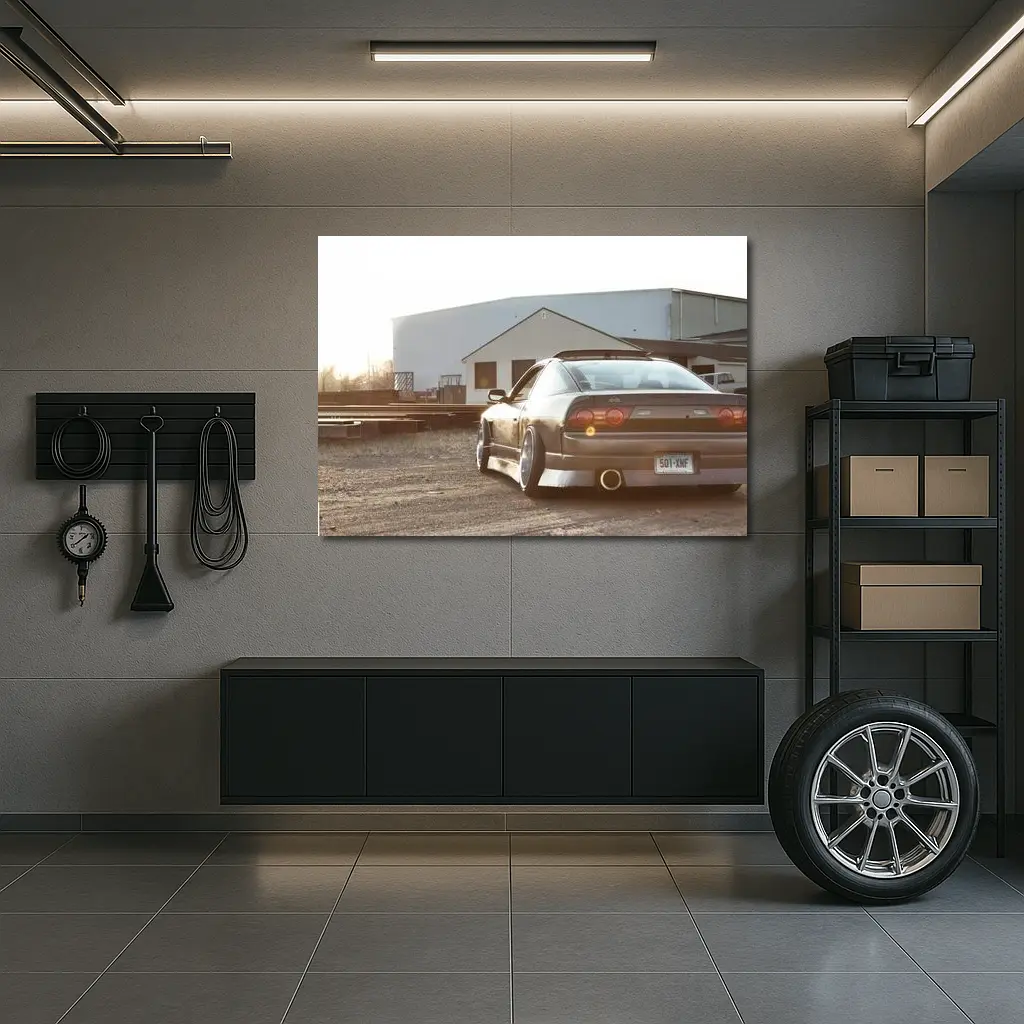 Nissan 240SX S13 Black Coupe in Industrial Yard at Sunset – Wall Art