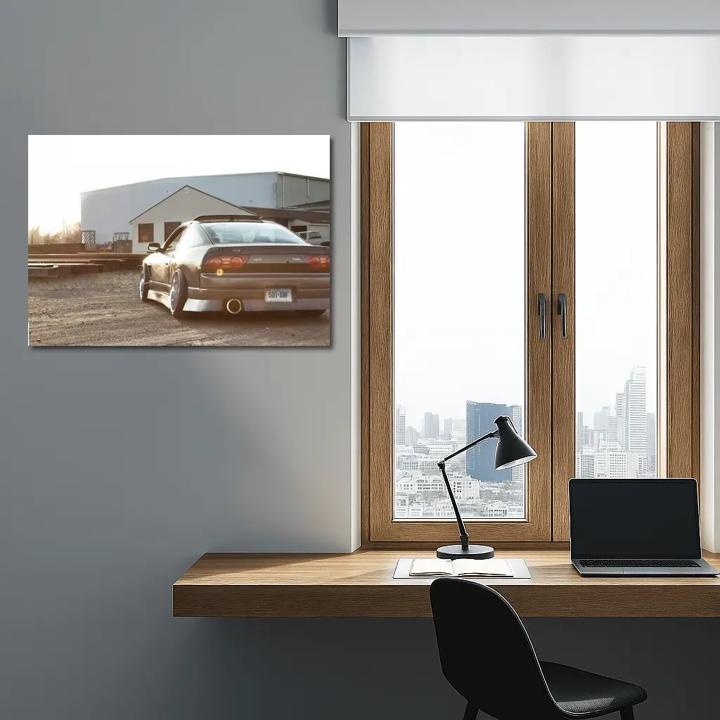 Nissan 240SX S13 Black Coupe in Industrial Yard at Sunset – Wall Art