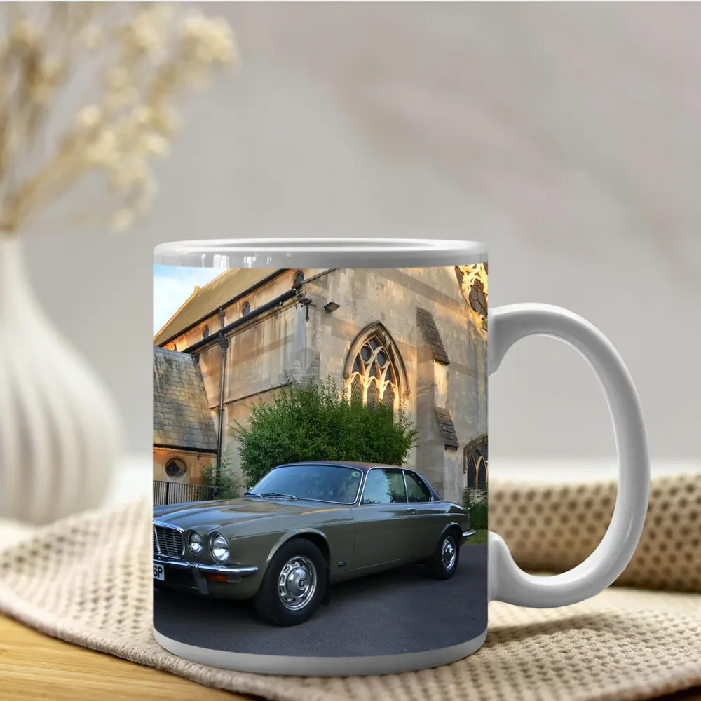 Classic Jaguar XJC Olive Green Church Background – Mugs