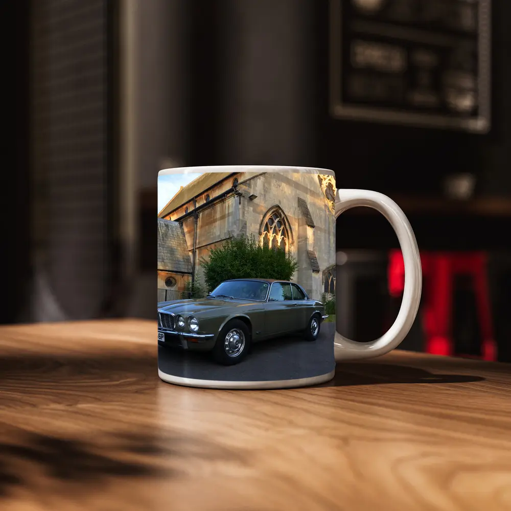 Classic Jaguar XJC Olive Green Church Background – Mugs