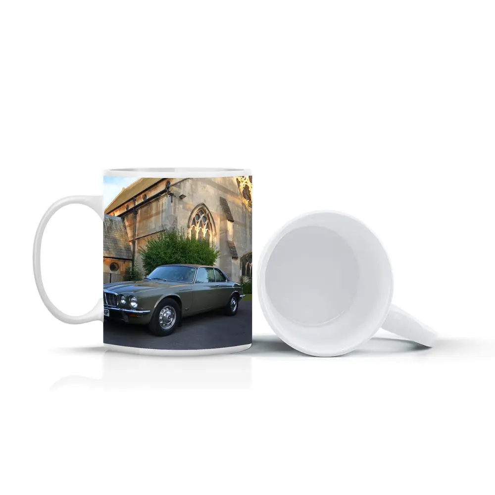 Classic Jaguar XJC Olive Green Church Background – Mugs