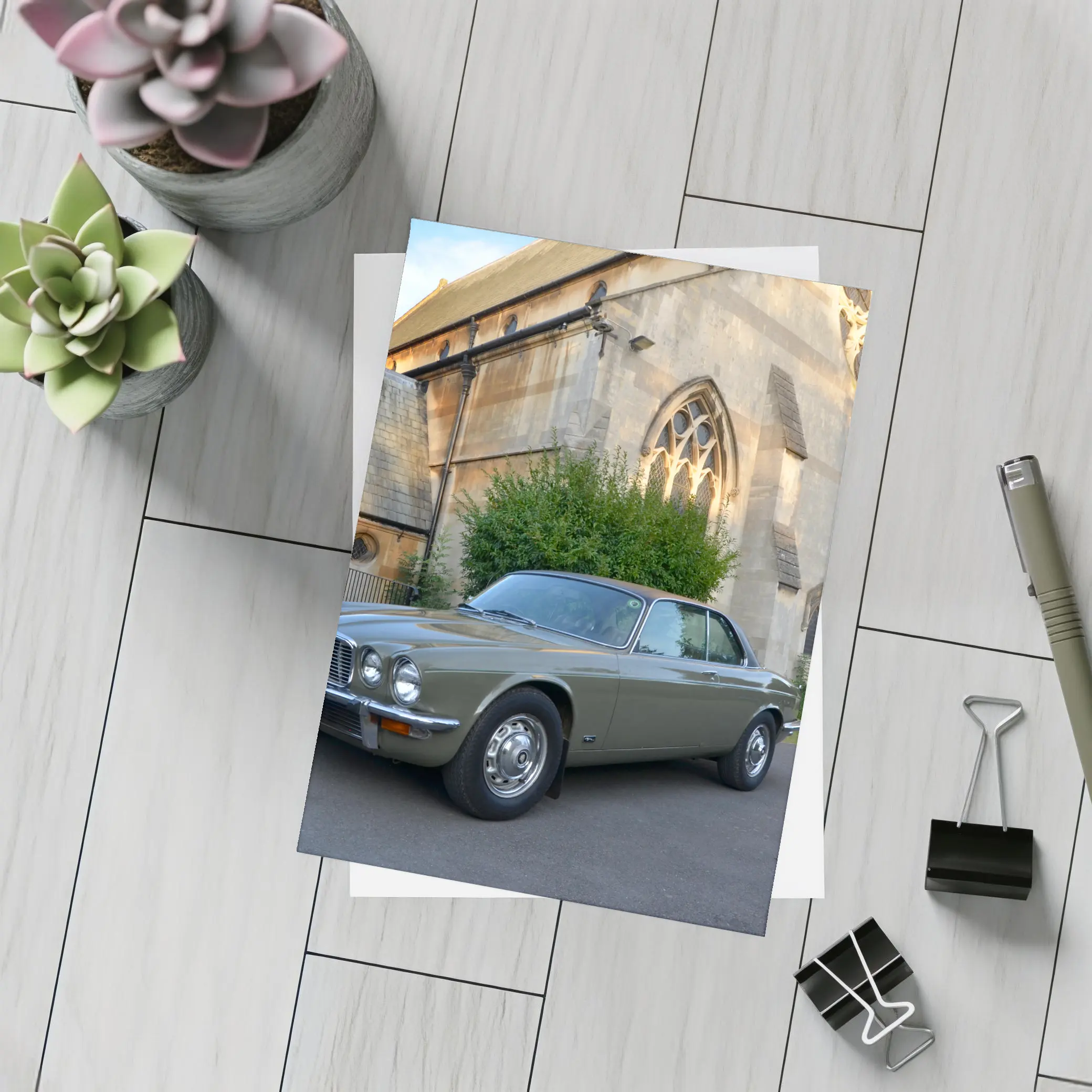 Classic Jaguar XJC Olive Green Church Background – Postcards