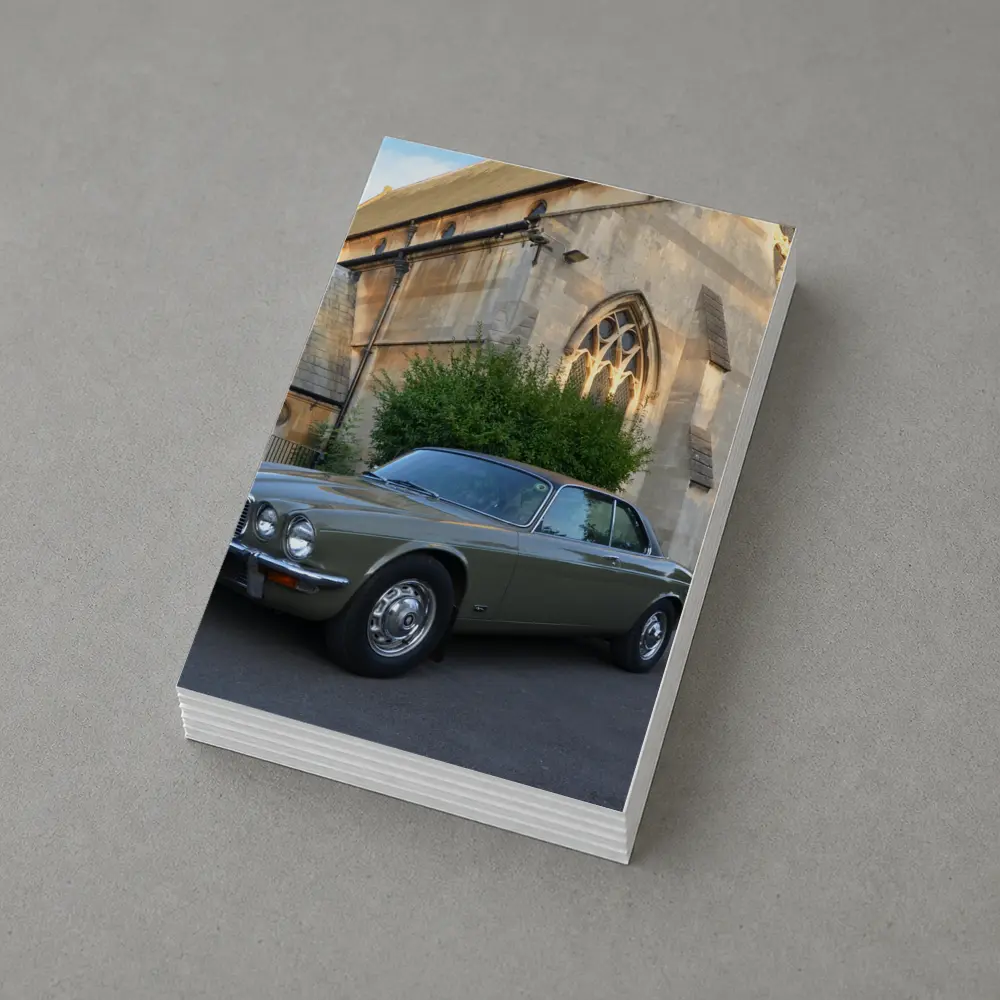 Classic Jaguar XJC Olive Green Church Background – Postcards
