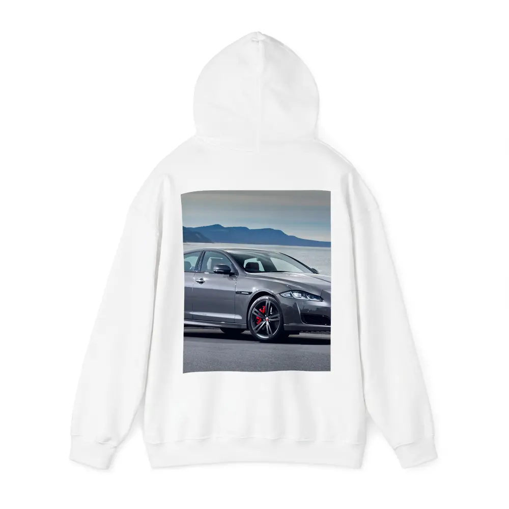 Jaguar XJ Gray Sedan Coastal Mountains Background – Hoodies