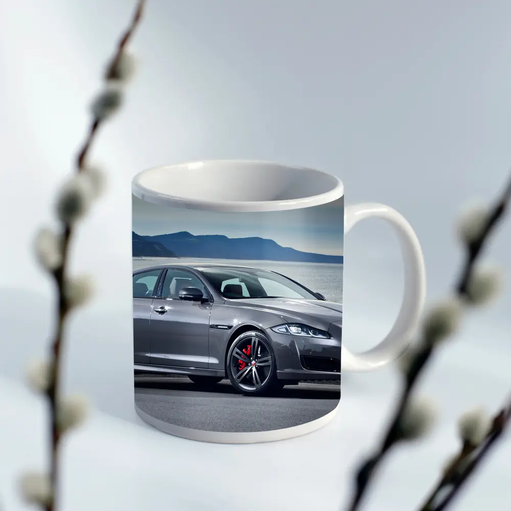 Jaguar XJ Gray Sedan Coastal Mountains Background – Mugs