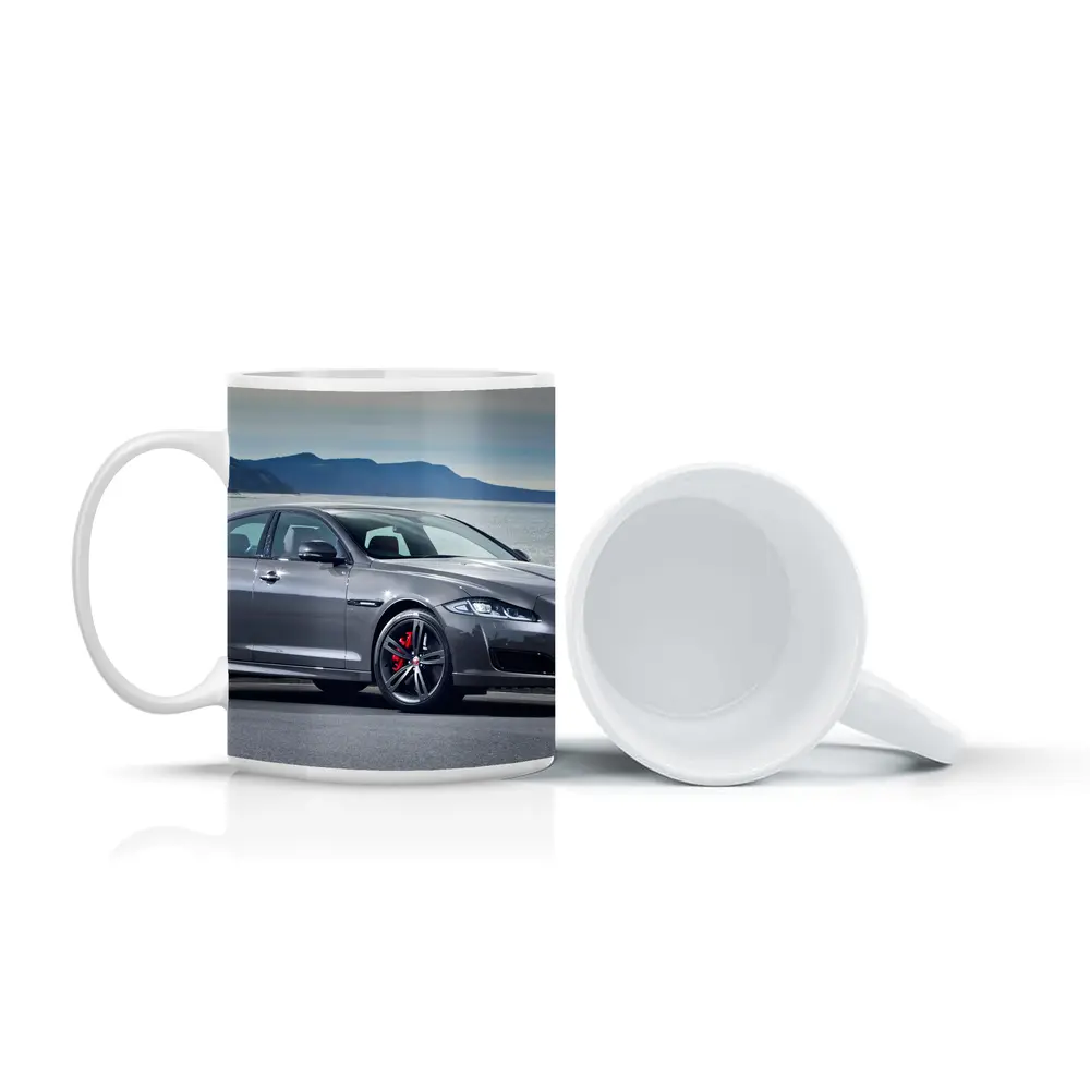 Jaguar XJ Gray Sedan Coastal Mountains Background – Mugs