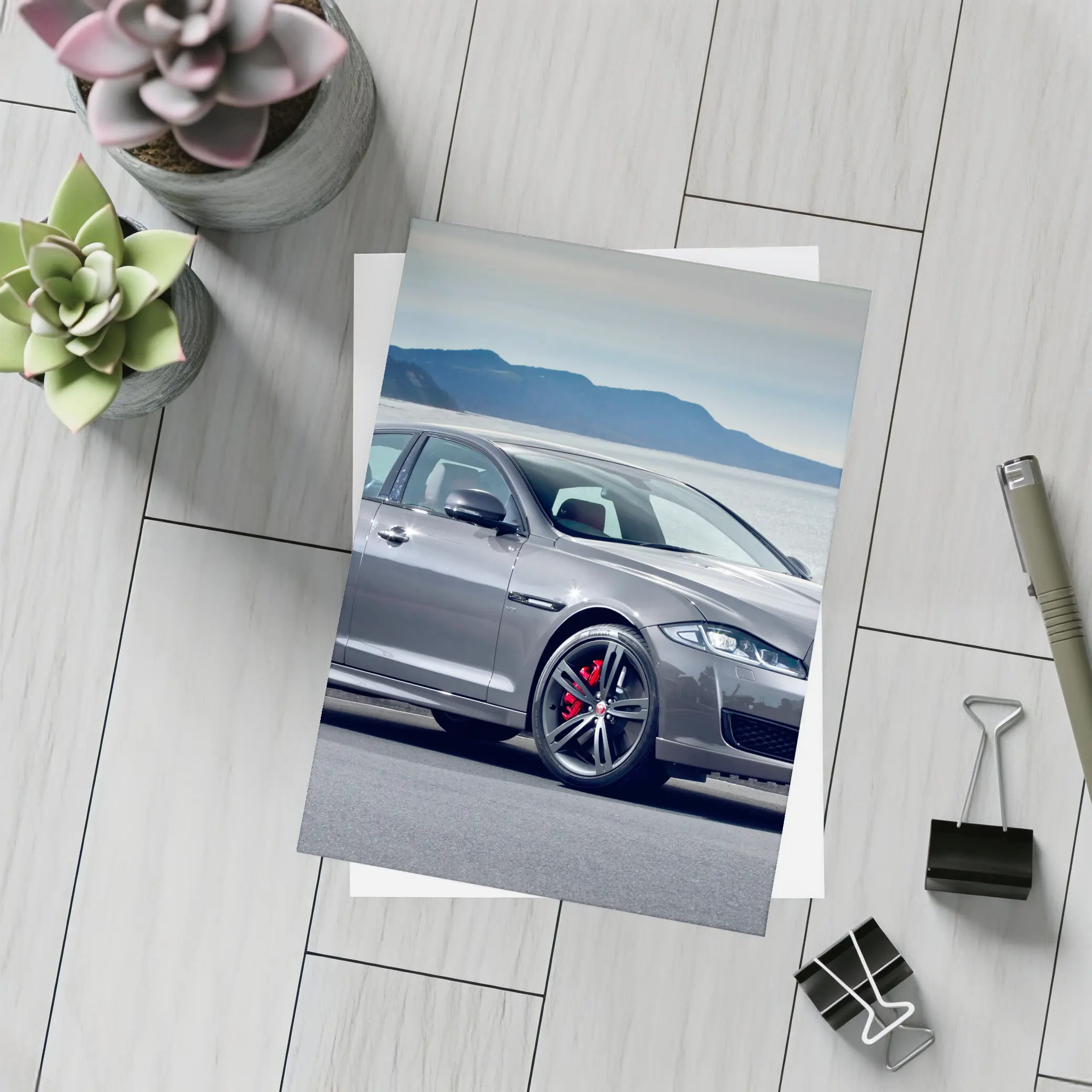 Jaguar XJ Gray Sedan Coastal Mountains Background – Postcards