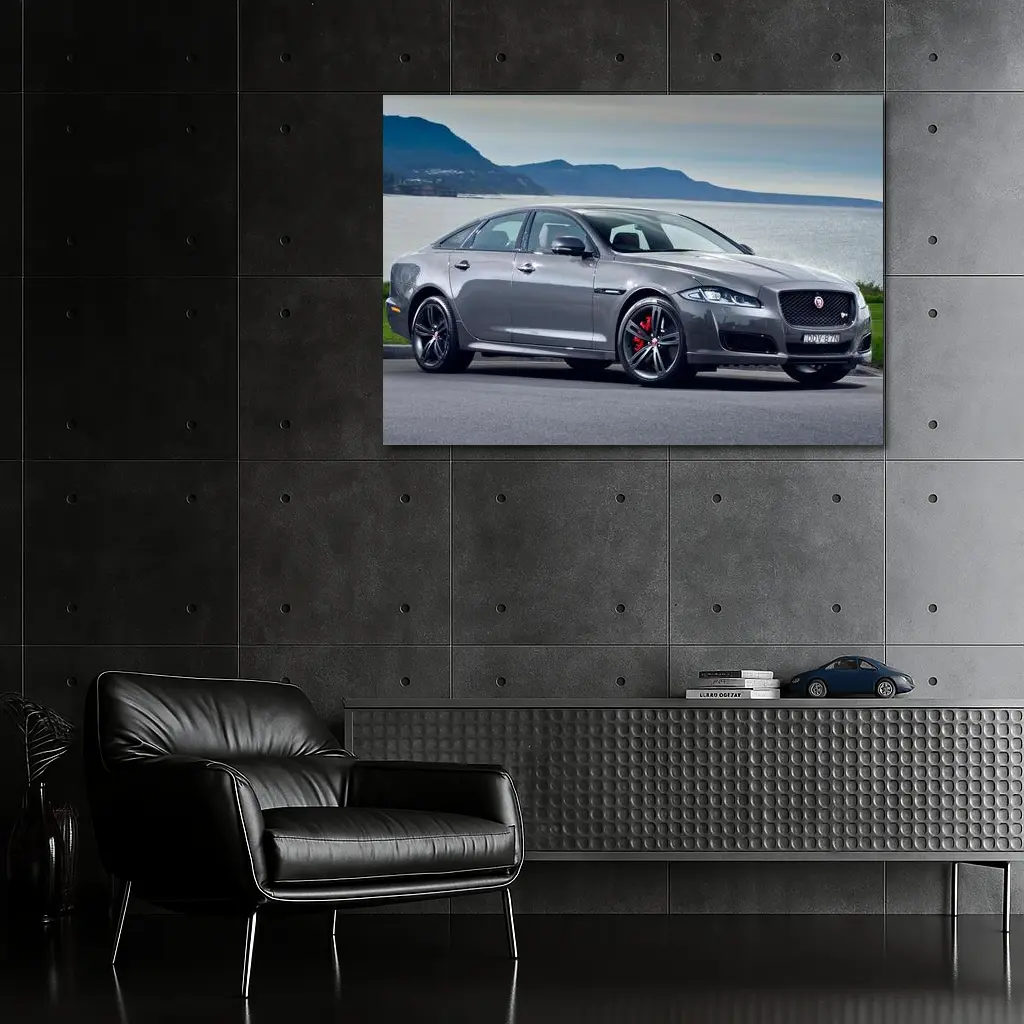 Jaguar XJ Gray Sedan Coastal Mountains Background – Wall Art