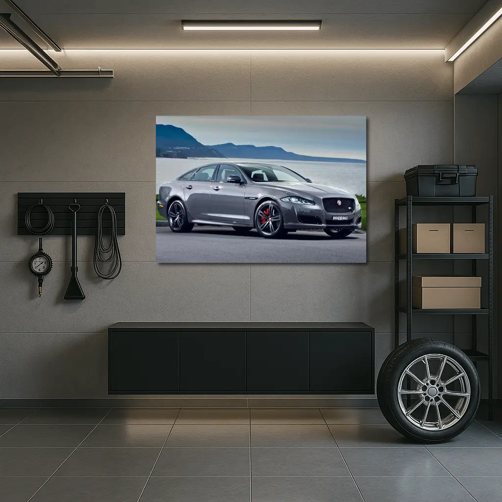 Jaguar XJ Gray Sedan Coastal Mountains Background – Wall Art