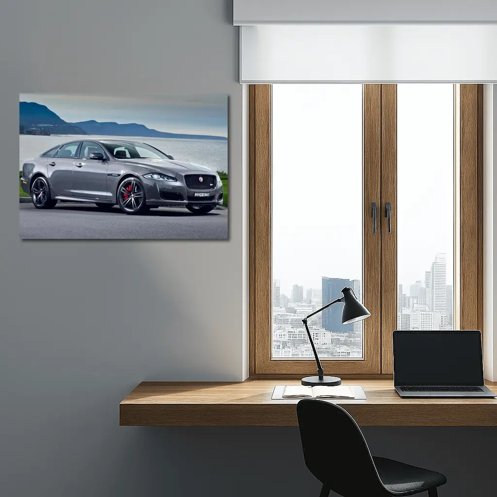 Jaguar XJ Gray Sedan Coastal Mountains Background – Wall Art