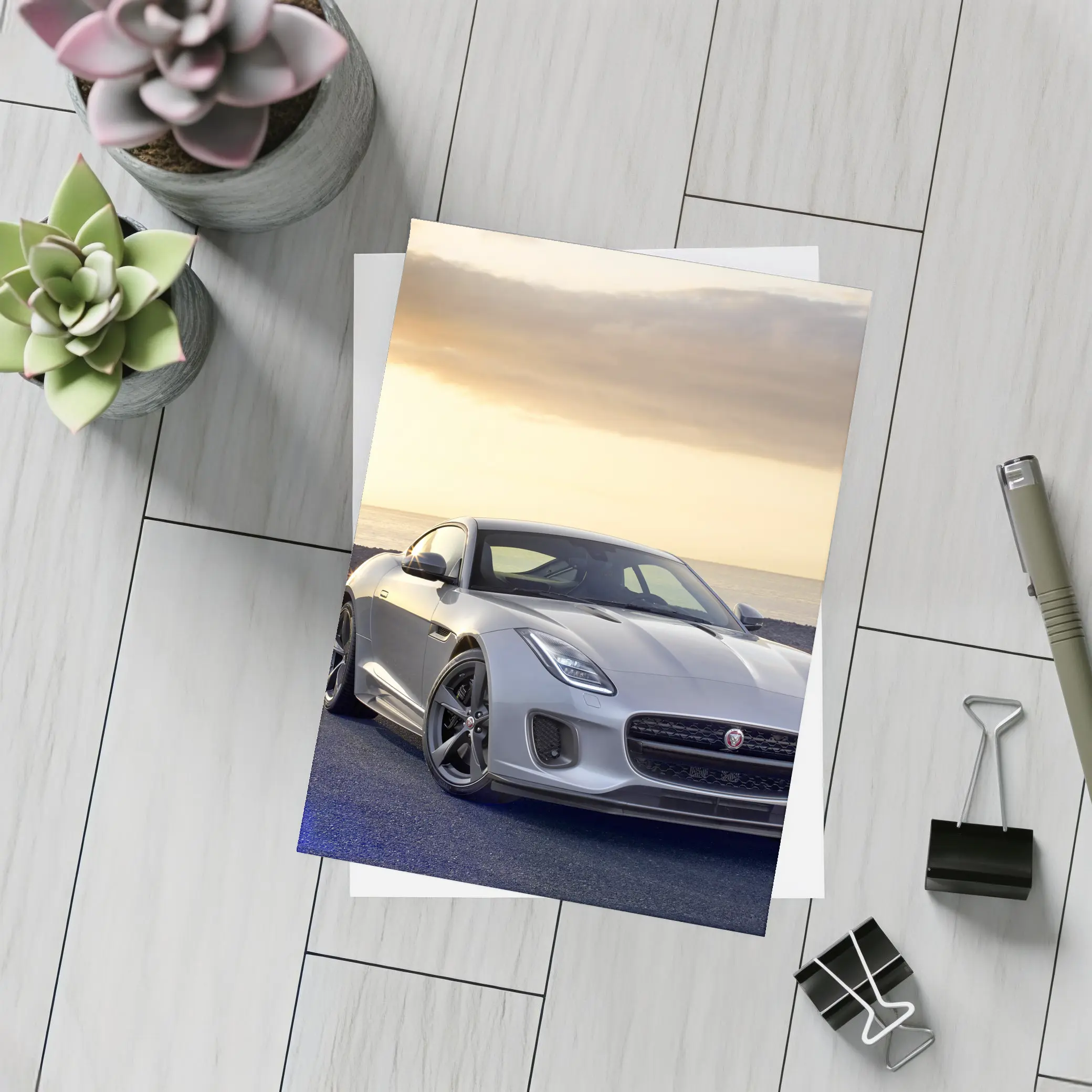 Jaguar F-Type Silver Coupe Coastal Sunset – Postcards