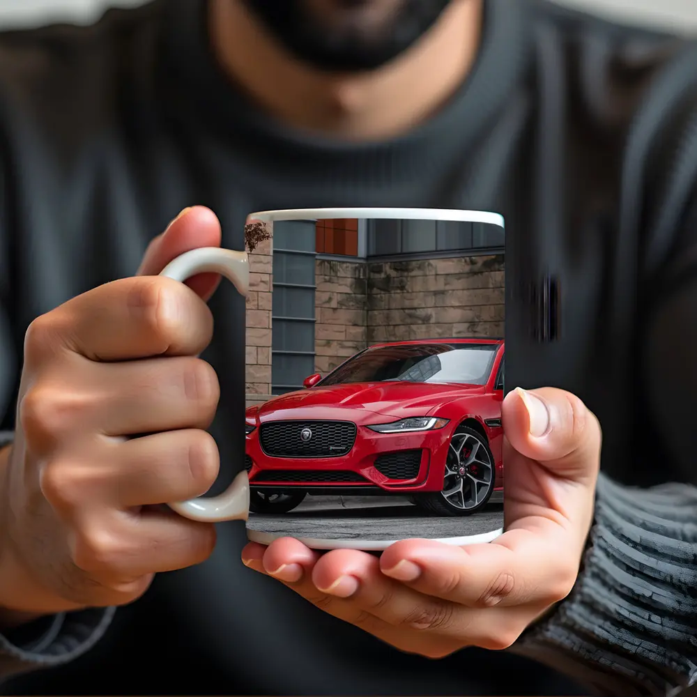 Jaguar XE Red Sedan Urban Building Background – Mugs