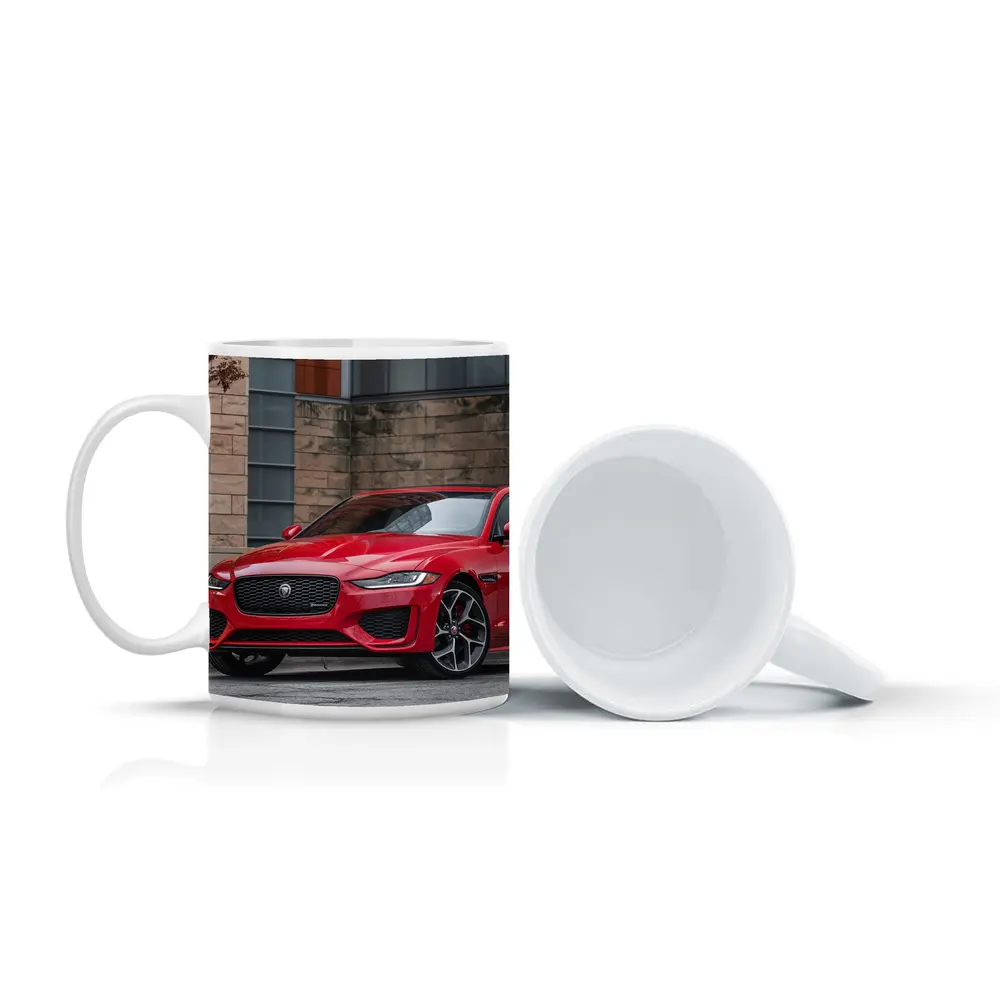 Jaguar XE Red Sedan Urban Building Background – Mugs