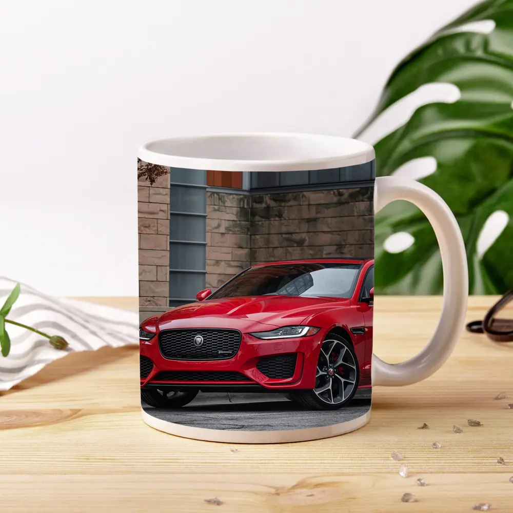 Jaguar XE Red Sedan Urban Building Background – Mugs
