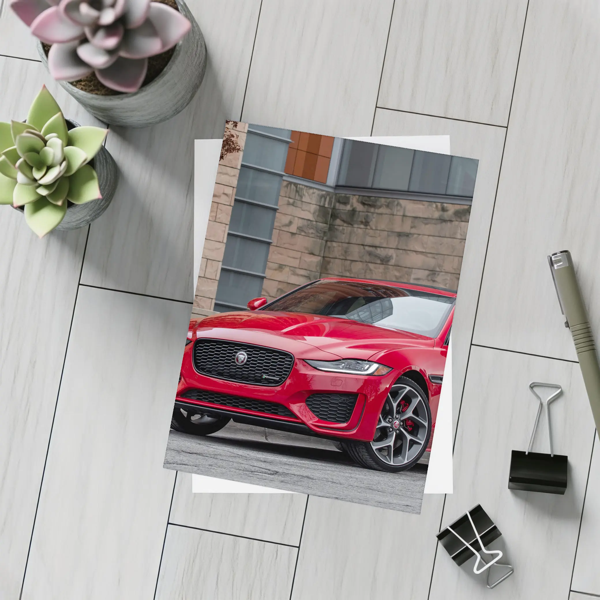 Jaguar XE Red Sedan Urban Building Background – Postcards