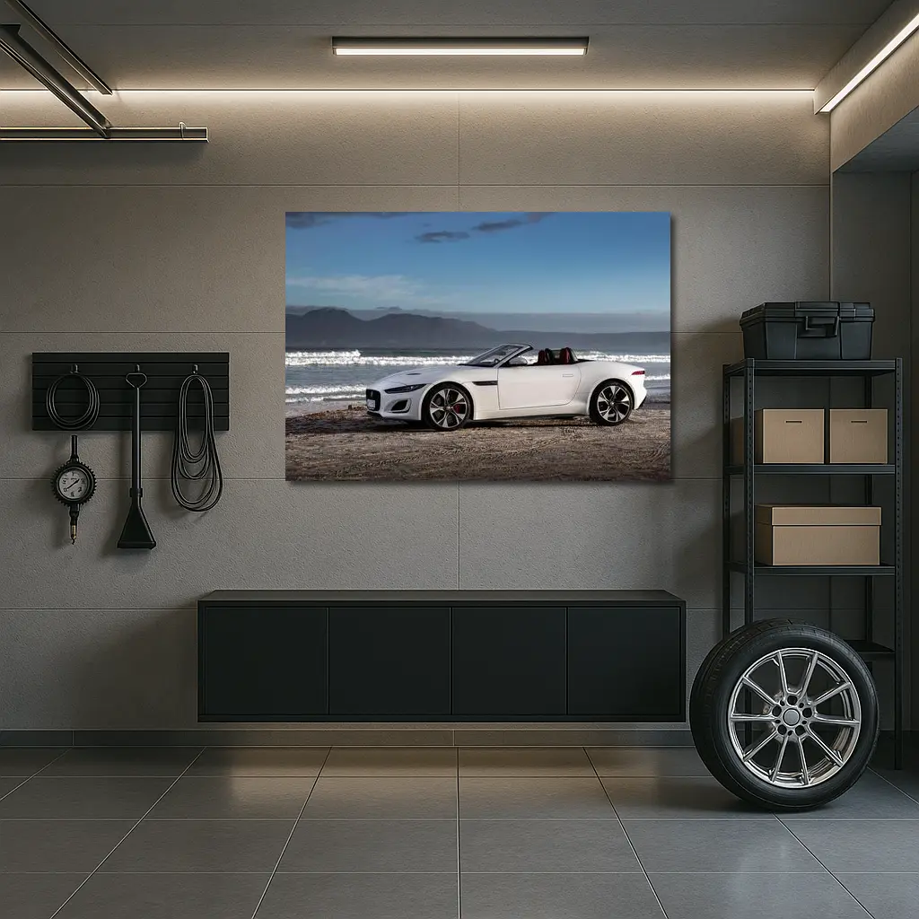 Jaguar F-Type Convertible White Beach Setting – Wall Art