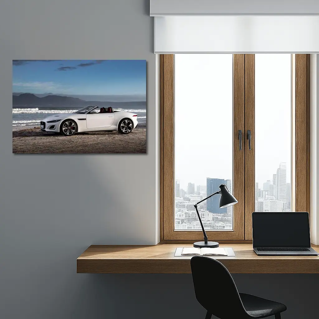 Jaguar F-Type Convertible White Beach Setting – Wall Art