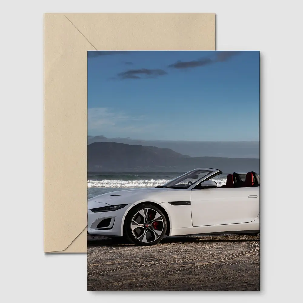 Jaguar F-Type Convertible White Beach Shore – Postcards