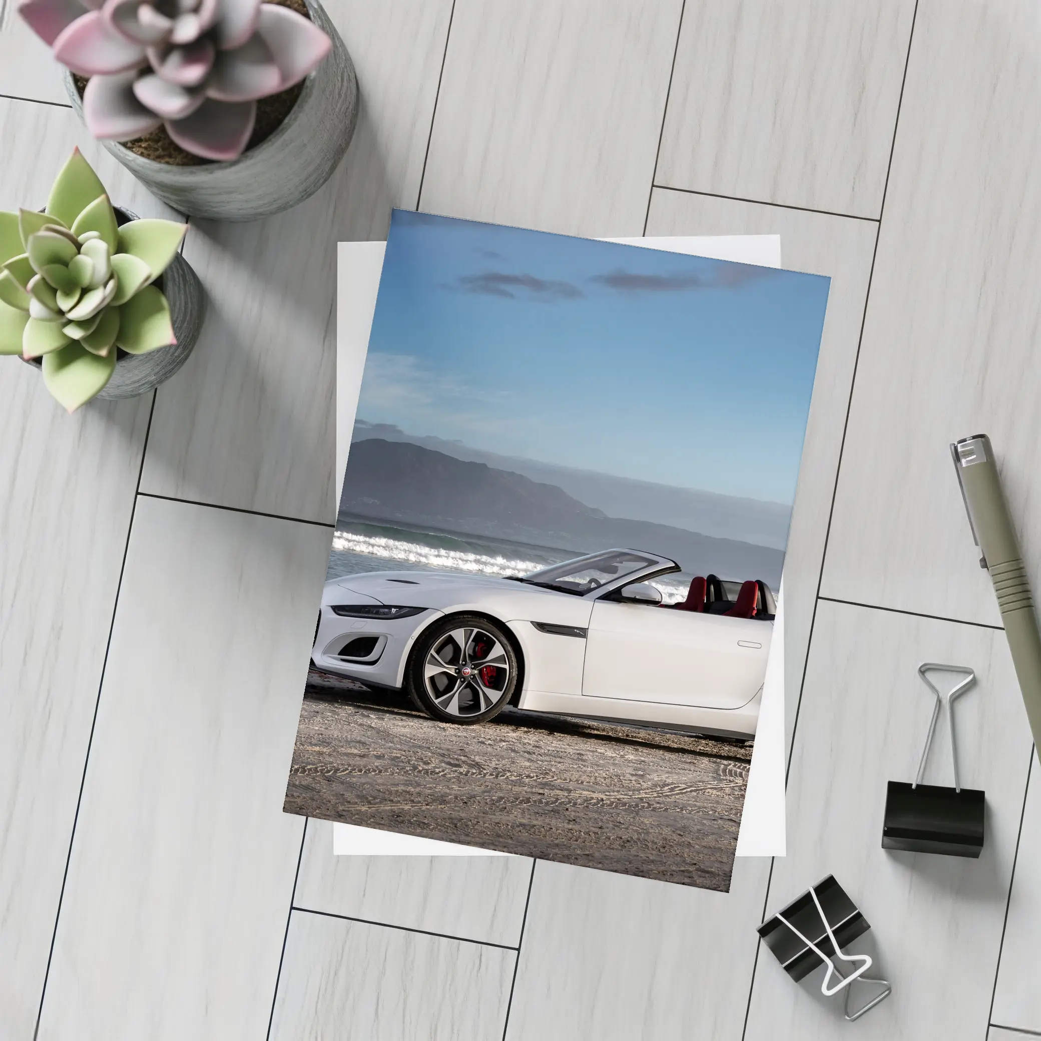 Jaguar F-Type Convertible White Beach Shore – Postcards