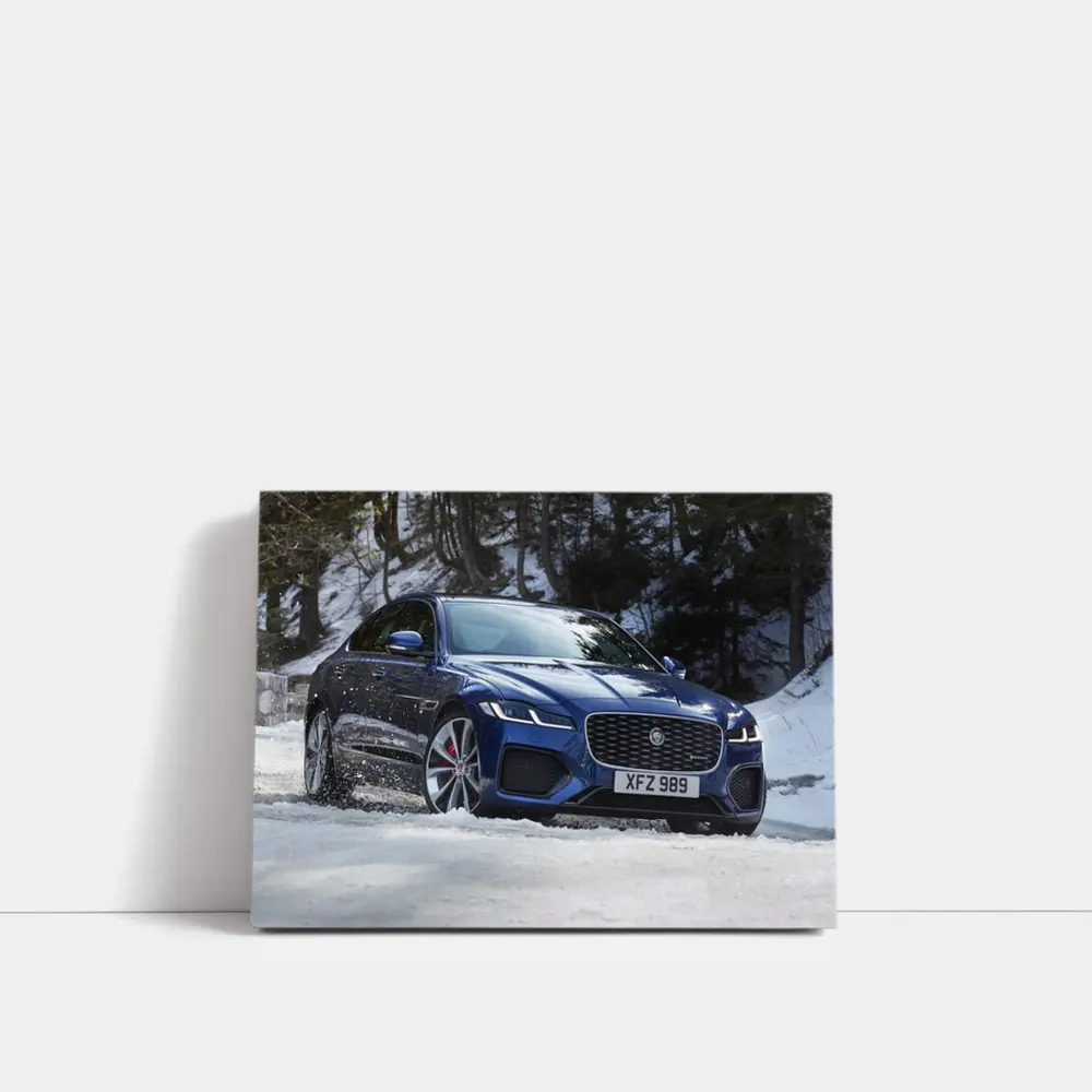Jaguar XF Blue Sedan Driving Through Snow – Wall Art