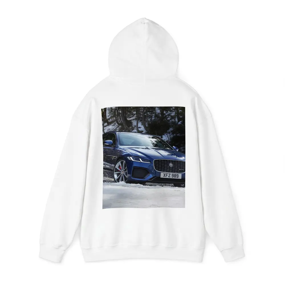 Jaguar XF Blue Sedan Driving Through Snow – Hoodies