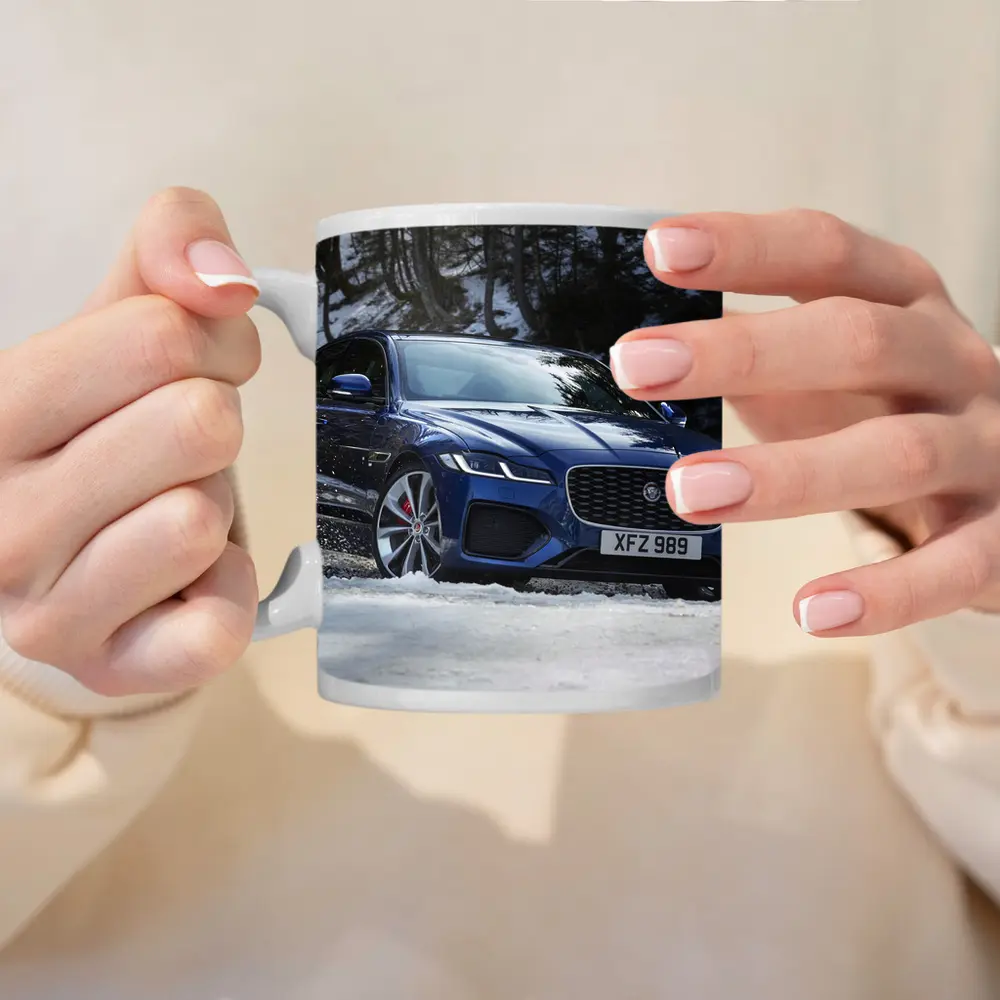 Jaguar XF Blue Sedan Driving Through Snow – Mugs