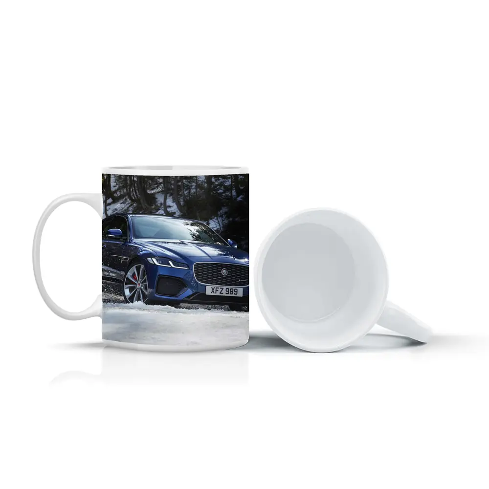 Jaguar XF Blue Sedan Driving Through Snow – Mugs