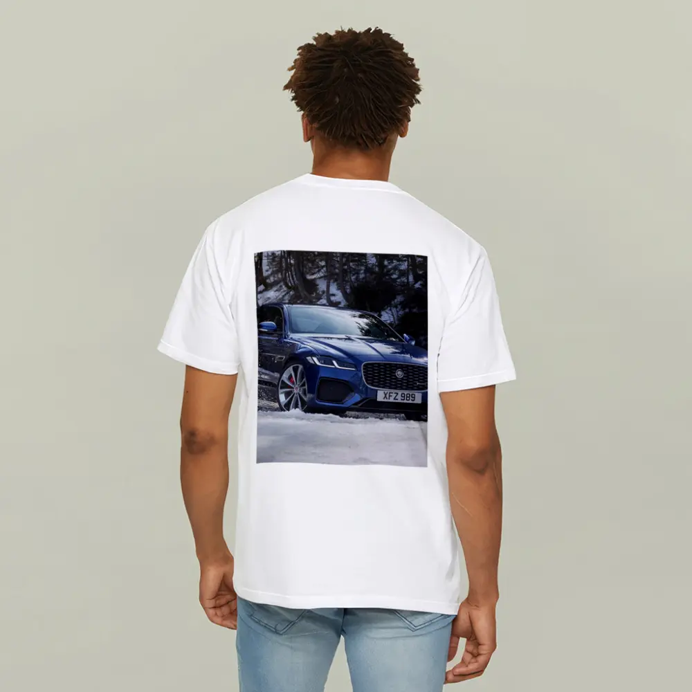 Jaguar XF Blue Sedan Driving Through Snow – T-Shirts