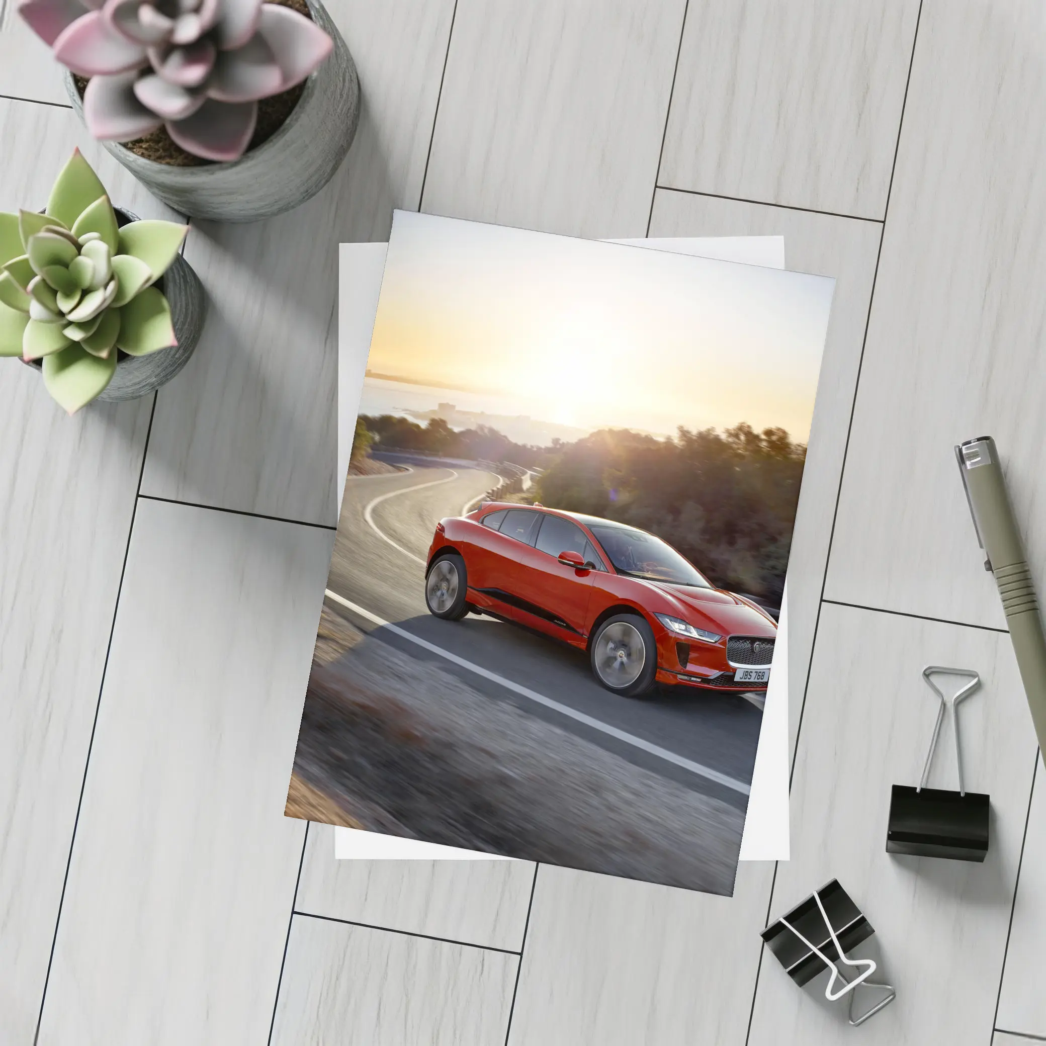 Jaguar I-Pace Red SUV Sunset Road – Postcards