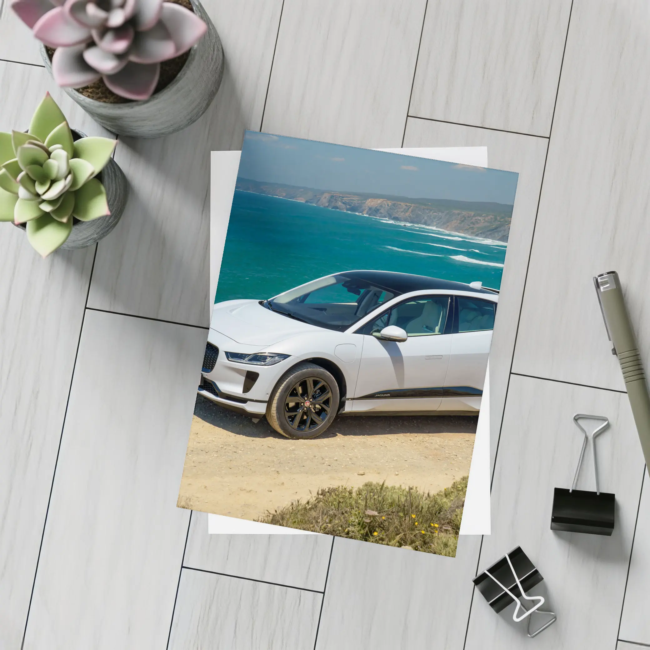 Jaguar I-Pace White SUV Coastal Cliffs – Postcards