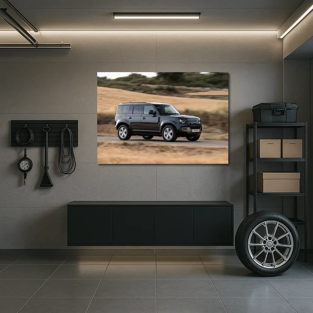 Land Rover Defender Driving Rural Road Scene – Wall Art