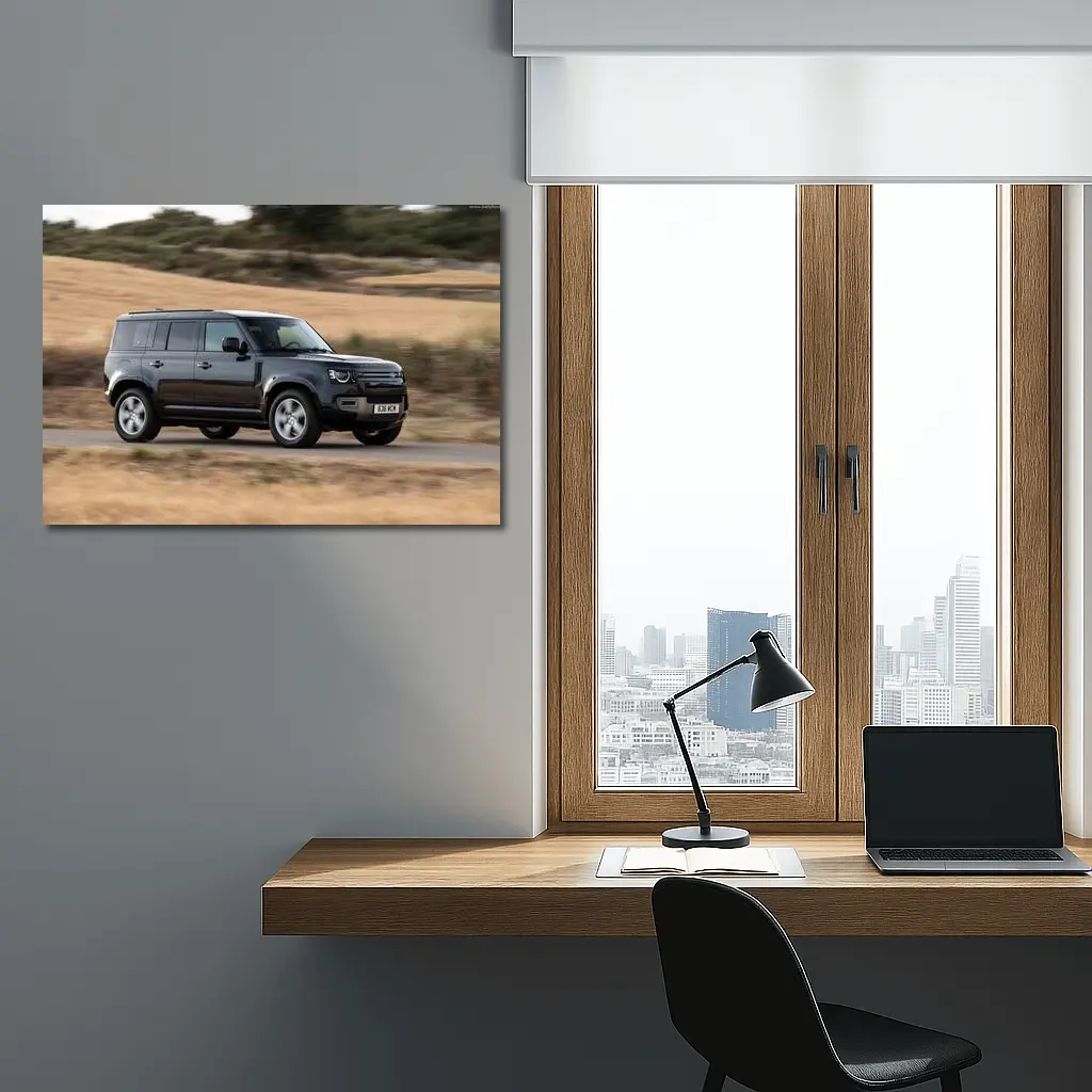 Land Rover Defender Driving Rural Road Scene – Wall Art