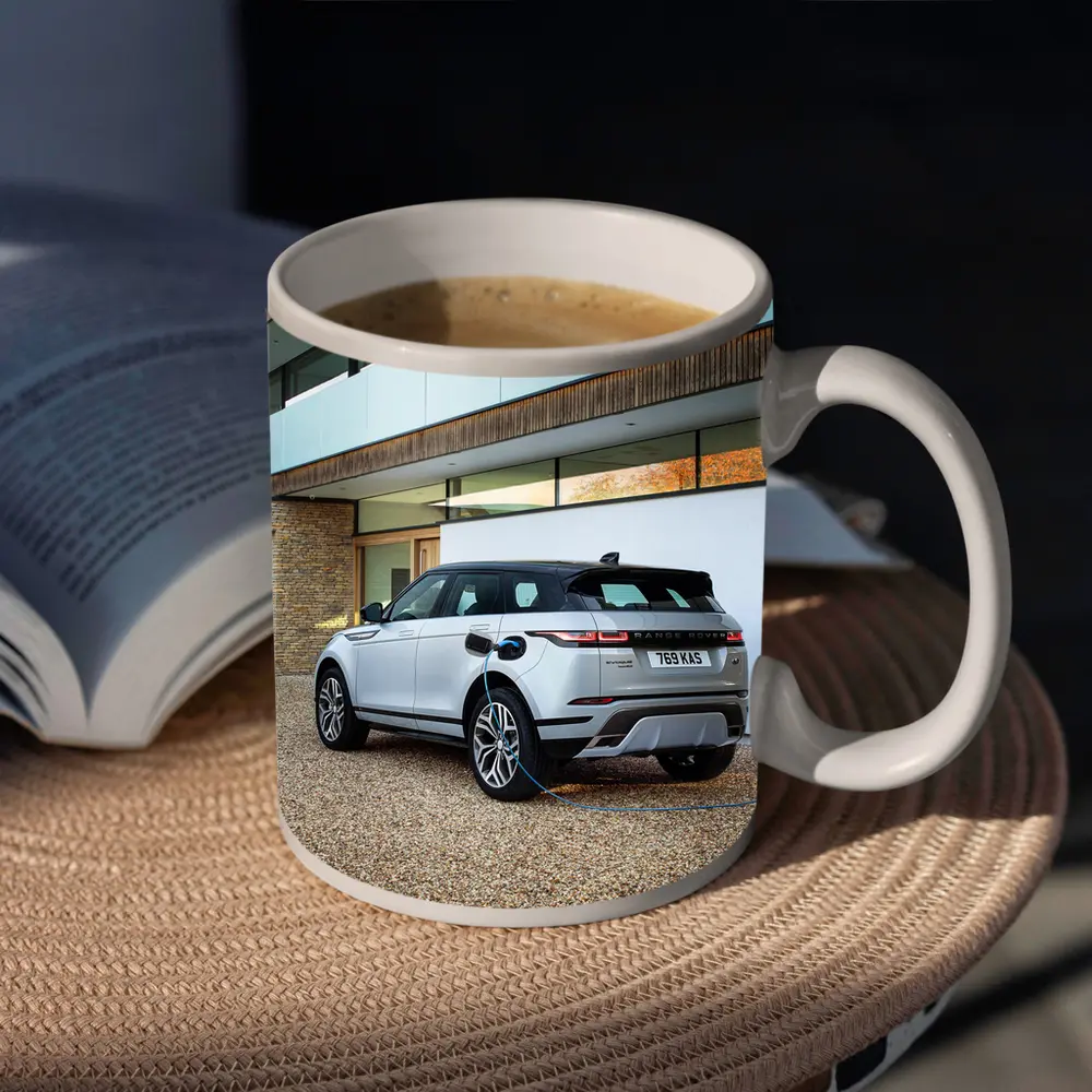 Range Rover Evoque Charging At Modern House – Mugs