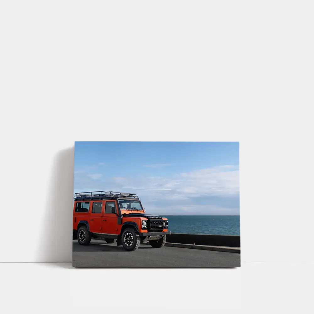 Land Rover Defender Orange Coastal Road Scene – Wall Art