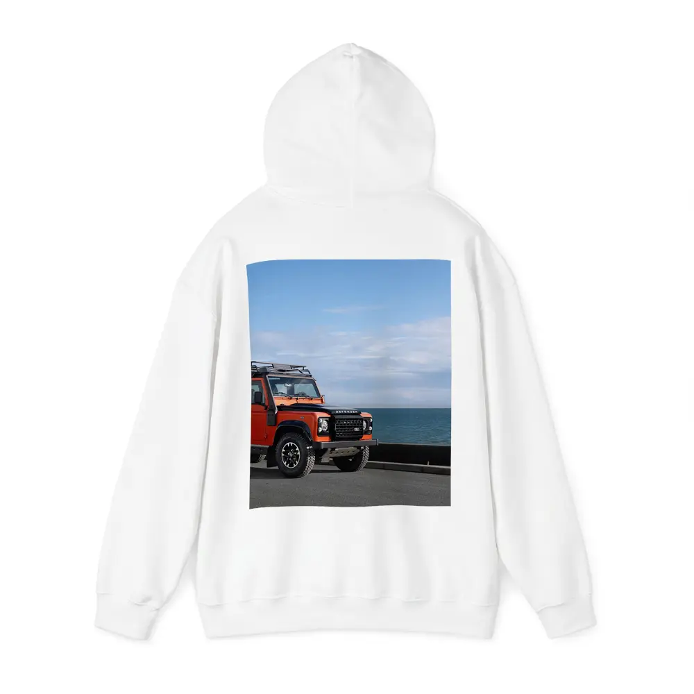 Land Rover Defender Orange Coastal Road Scene – Hoodies