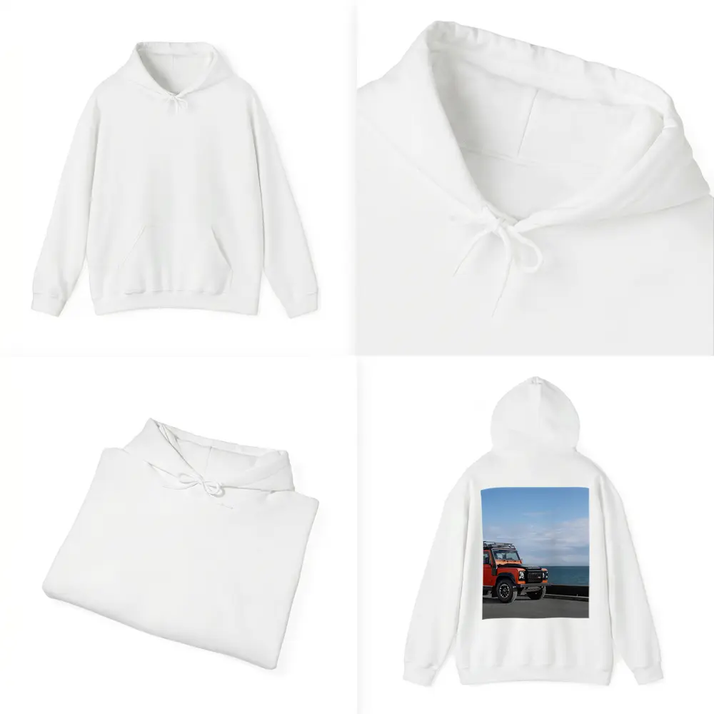 Land Rover Defender Orange Coastal Road Scene – Hoodies