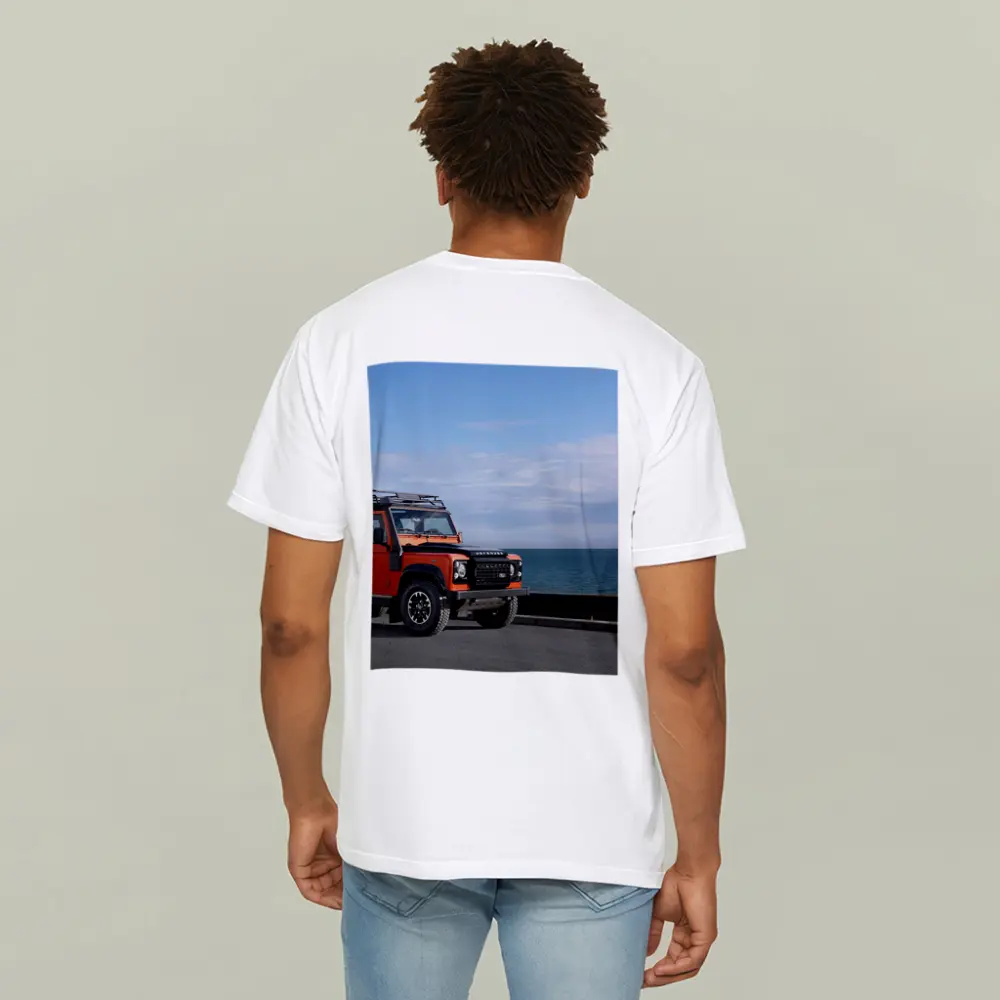 Land Rover Defender Orange Coastal Road Scene – T-Shirts