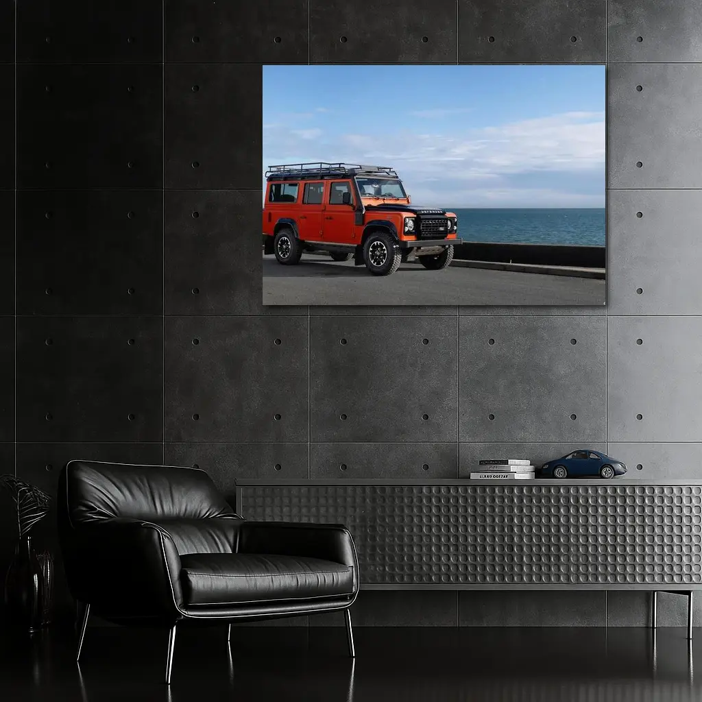 Land Rover Defender Orange Coastal Road Scene – Wall Art