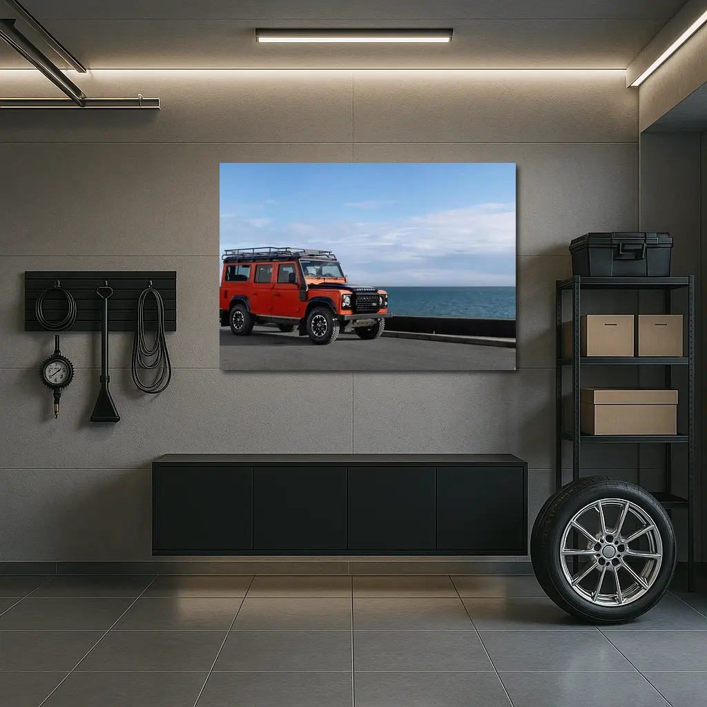 Land Rover Defender Orange Coastal Road Scene – Wall Art