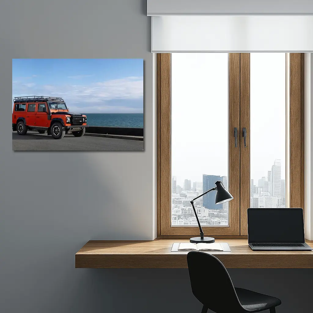 Land Rover Defender Orange Coastal Road Scene – Wall Art