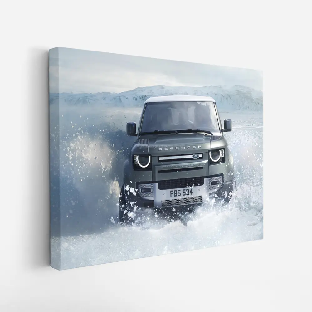 Land Rover Defender Charging Through Snow Landscape – Wall Art