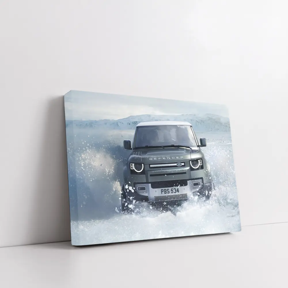 Land Rover Defender Charging Through Snow Landscape – Wall Art