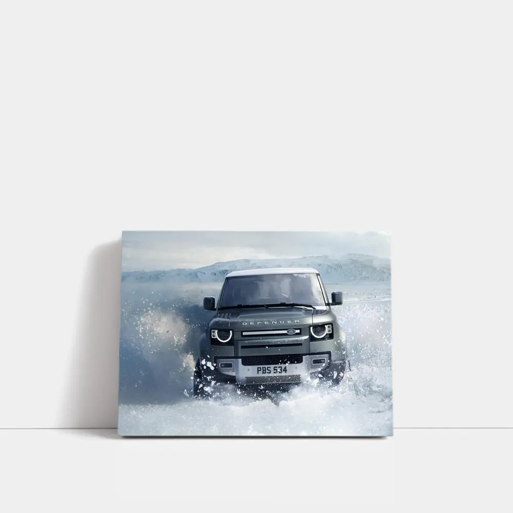 Land Rover Defender Charging Through Snow Landscape – Wall Art