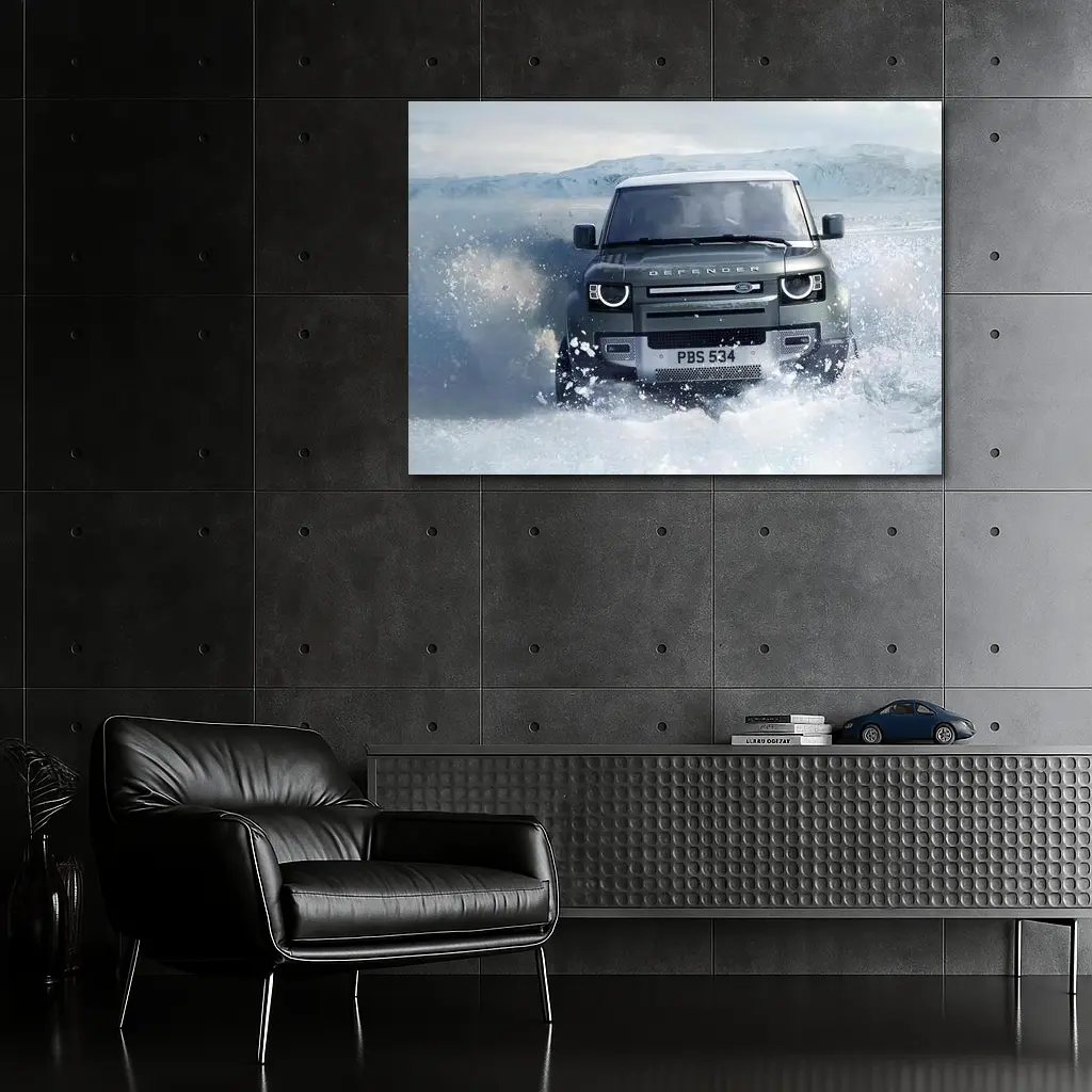 Land Rover Defender Charging Through Snow Landscape – Wall Art
