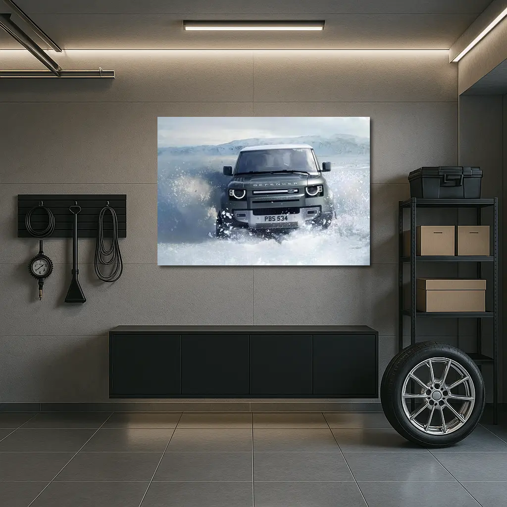 Land Rover Defender Charging Through Snow Landscape – Wall Art